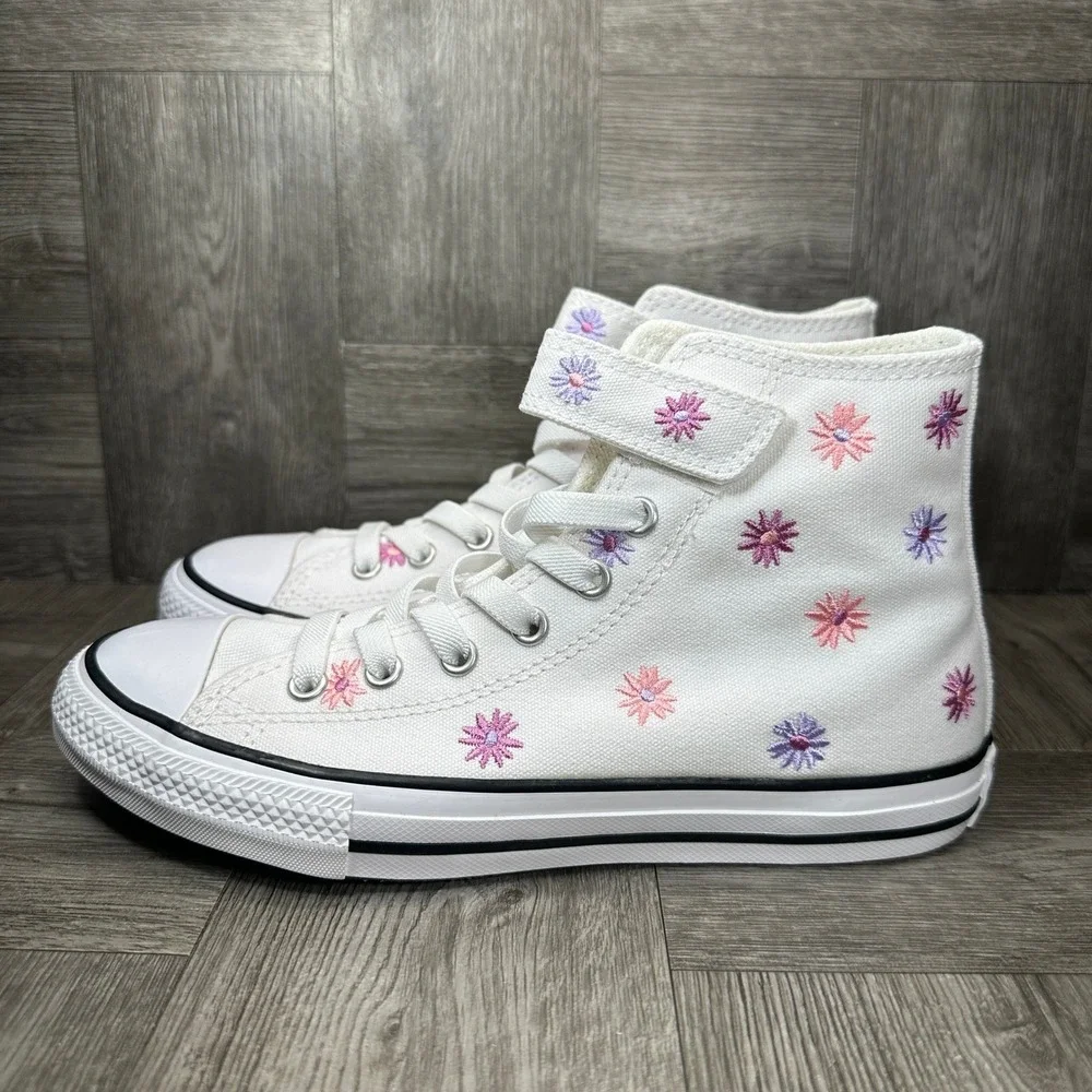 Converse High Top Sneakers Youth 3 White Floral Embroidered Canvas NEW - Picture 4 of 7